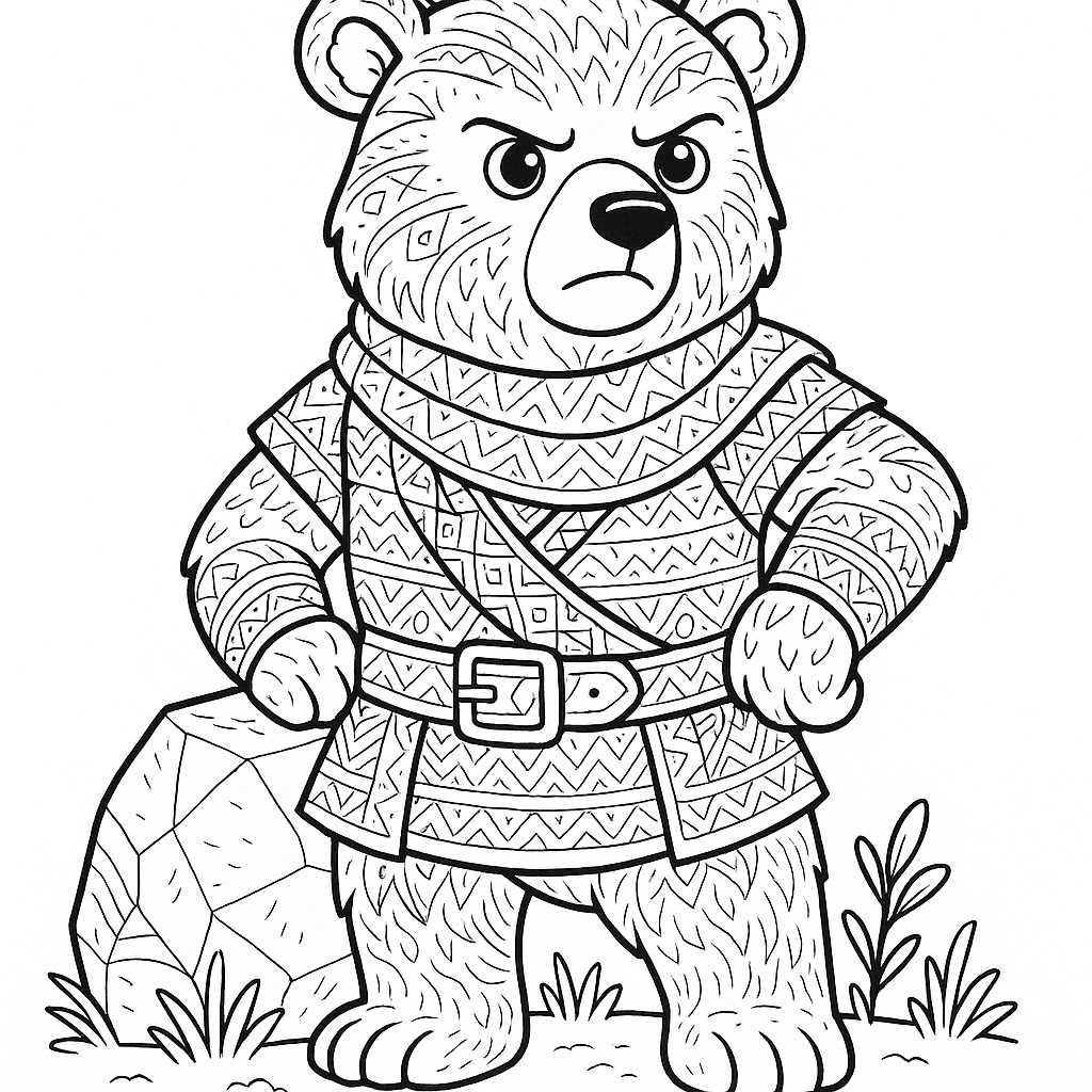 Black and white coloring page of brave and strong bear