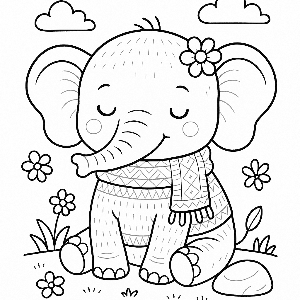 Black and white coloring page of calm and peaceful elephant