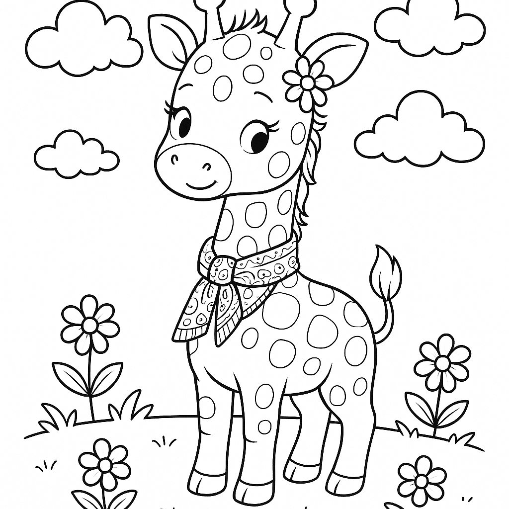 Black and white coloring page of calm and peaceful giraffe