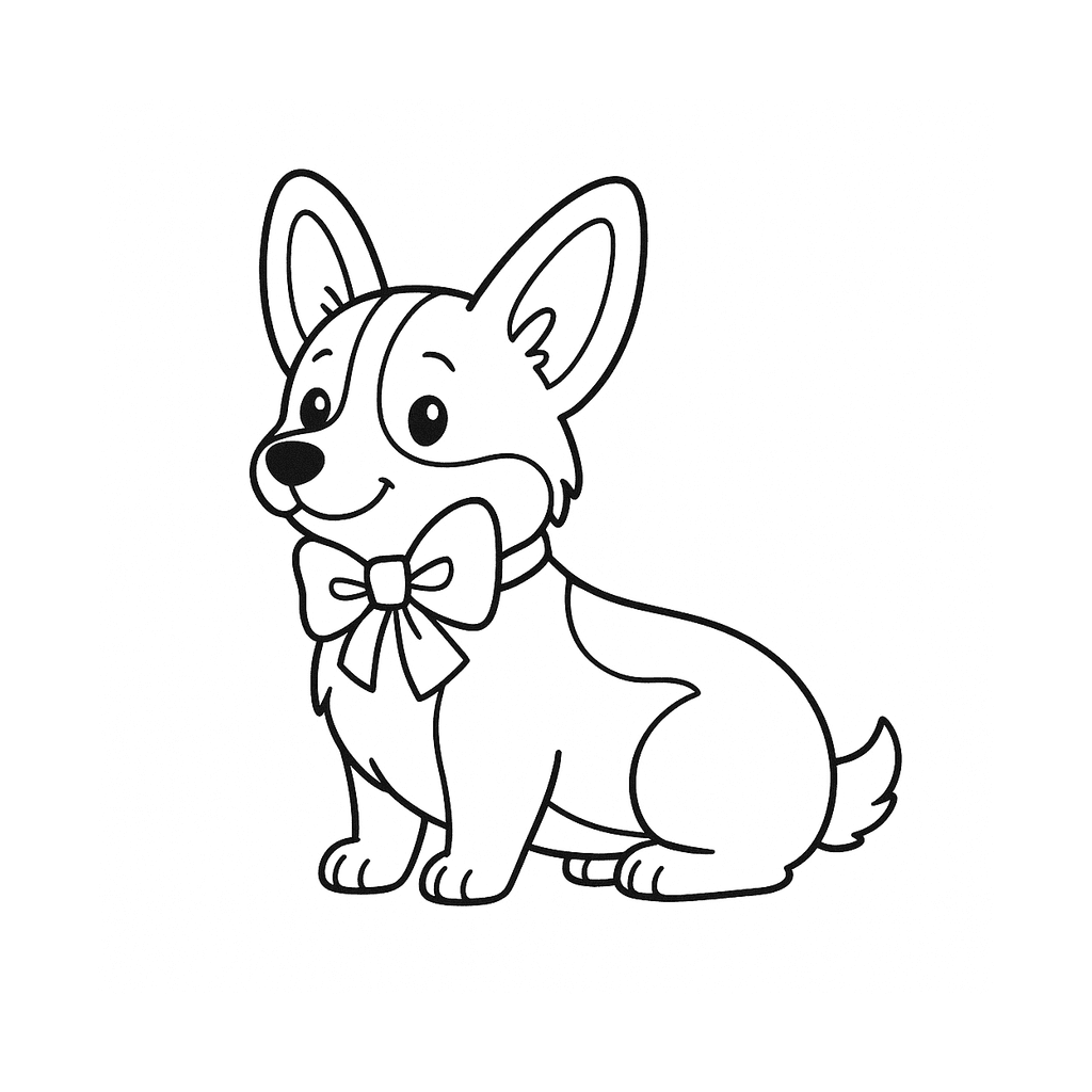 Black and white coloring page of a friendly corgi with short legs and pointed ears