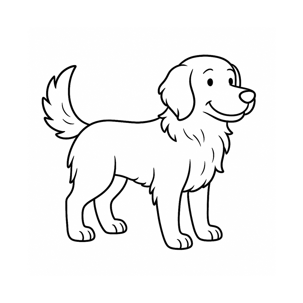 Black and white coloring page of a golden retriever standing with a feathered tail