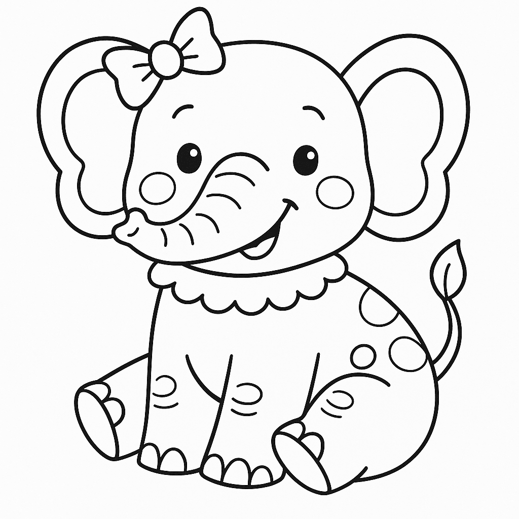 Black and white coloring page of happy and friendly elephant
