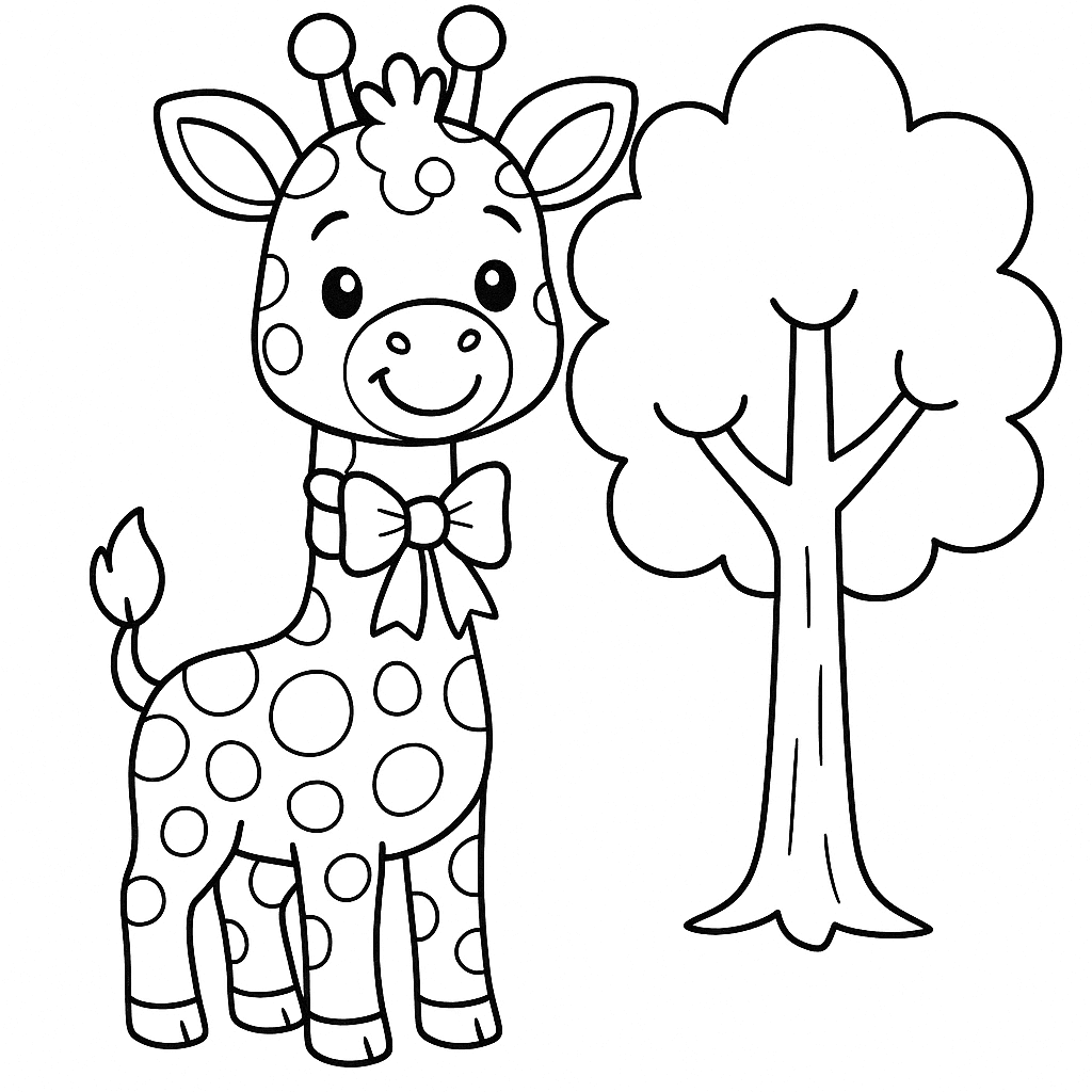 Black and white coloring page of happy and friendly giraffe