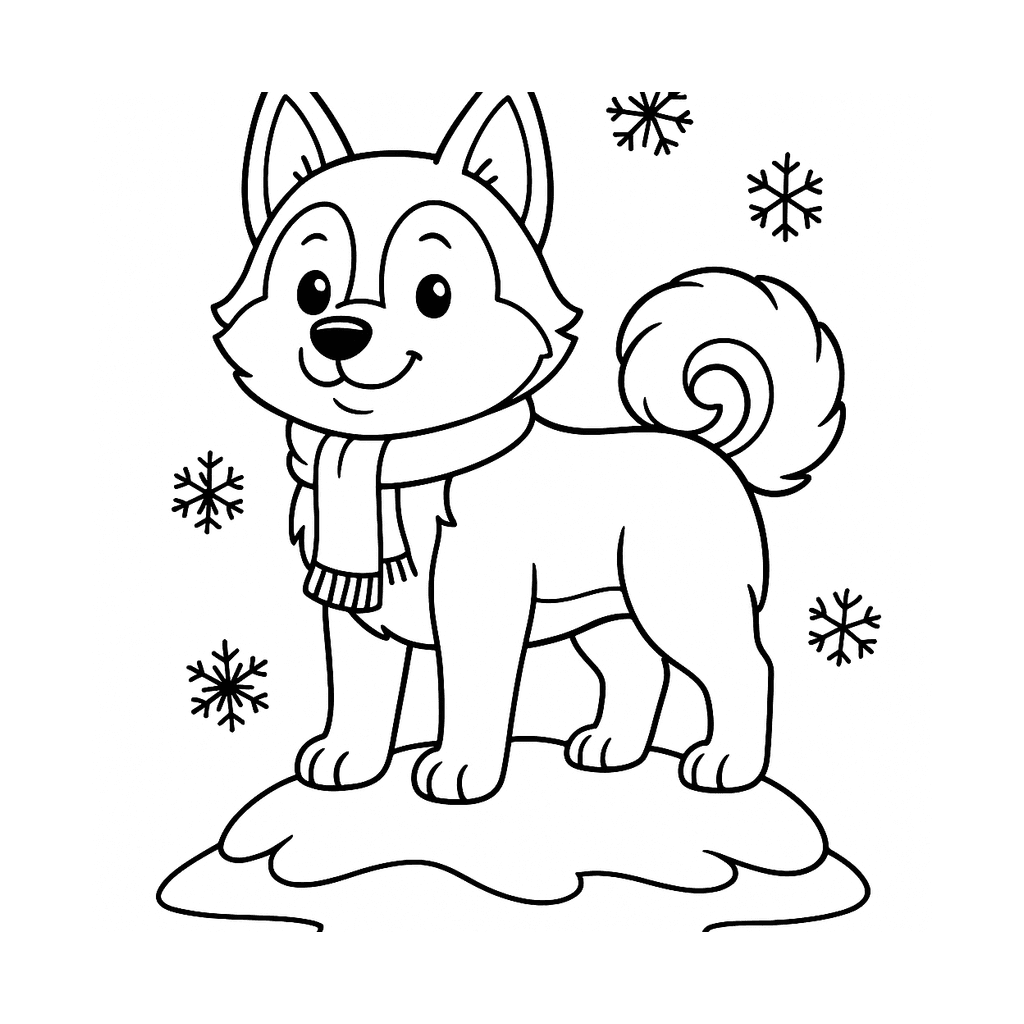 Black and white coloring page of a husky standing on snow with a few snowflakes