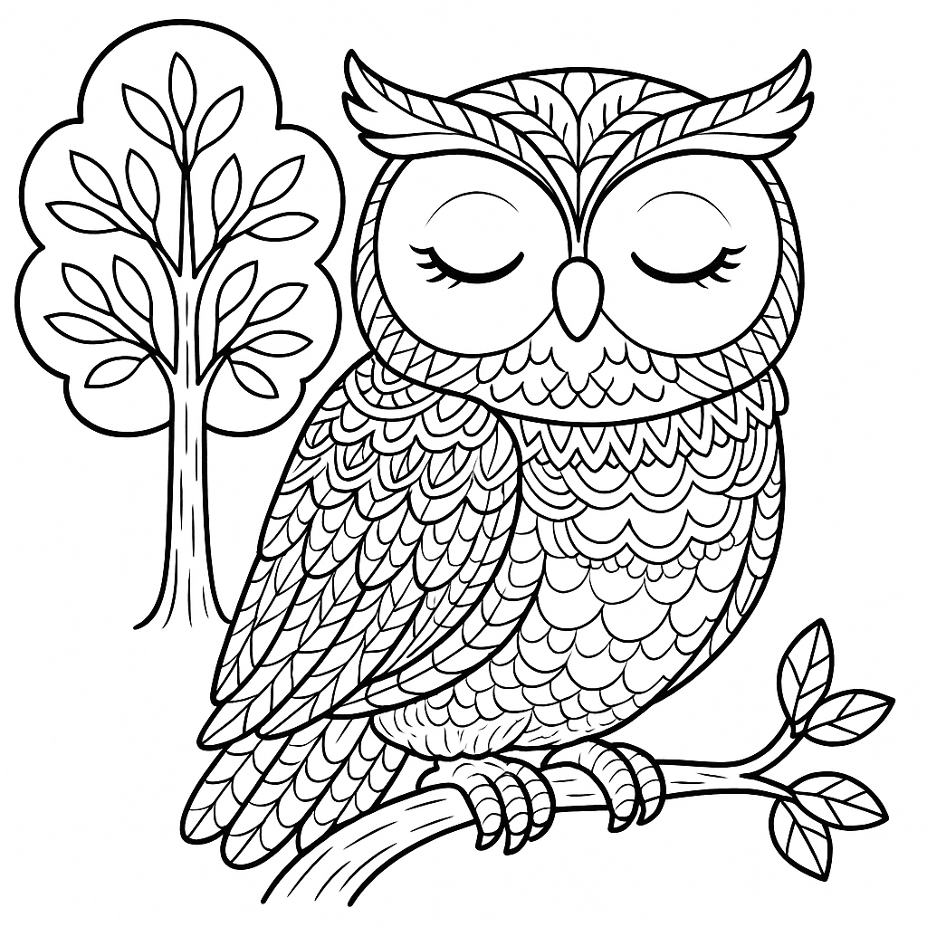 Black and white coloring page of calm and peaceful owl