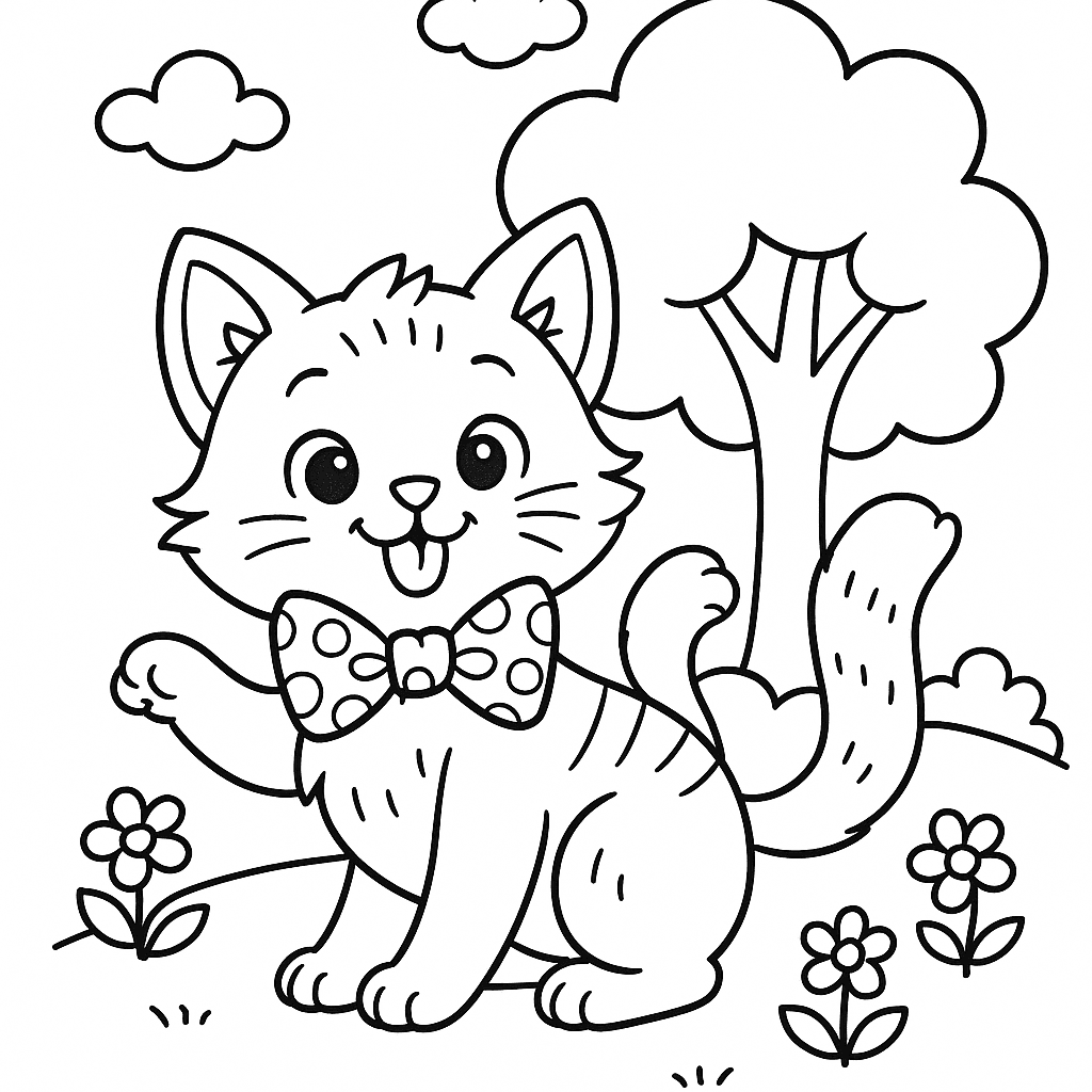 Black and white coloring page of playful and silly cat