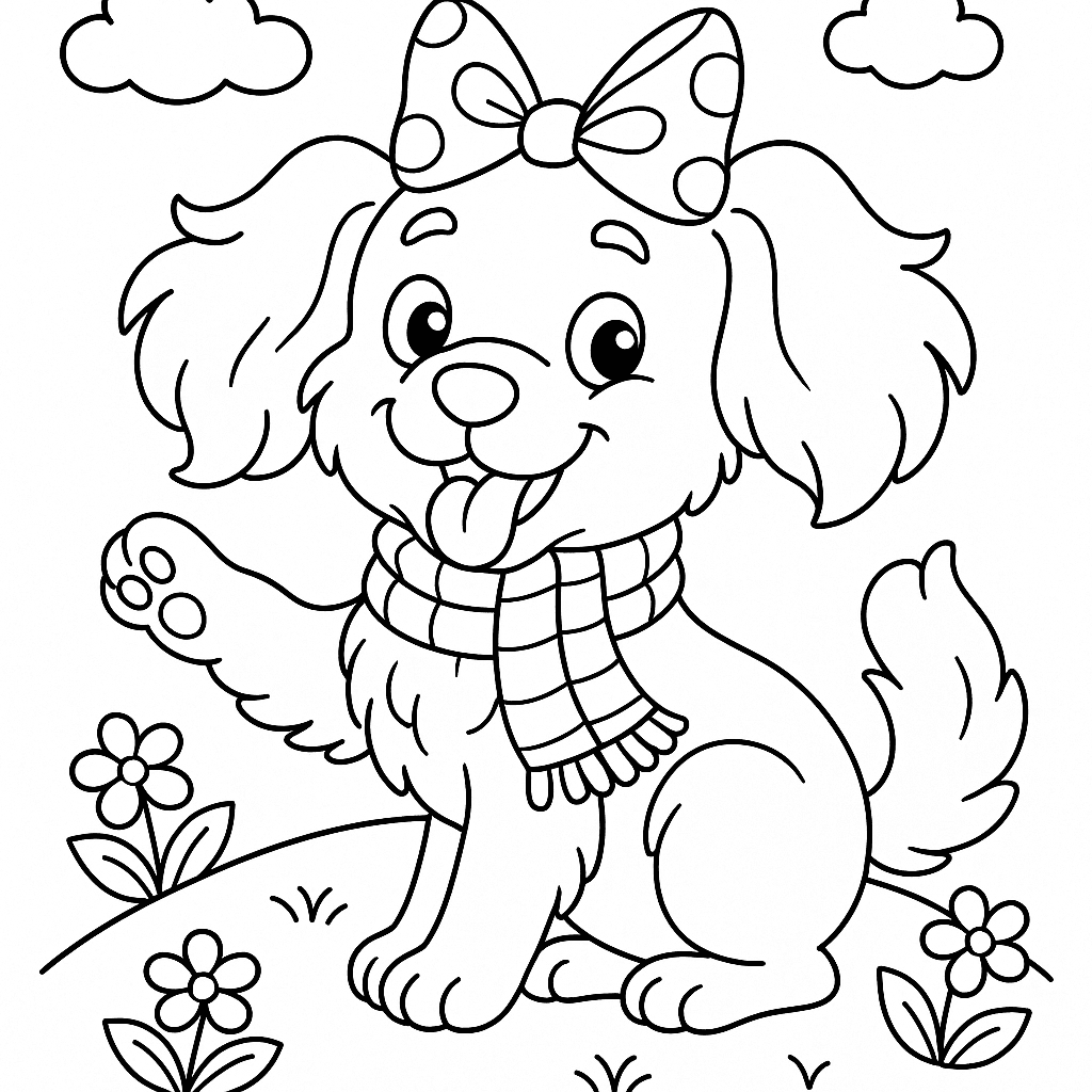 Black and white coloring page of playful and silly dog