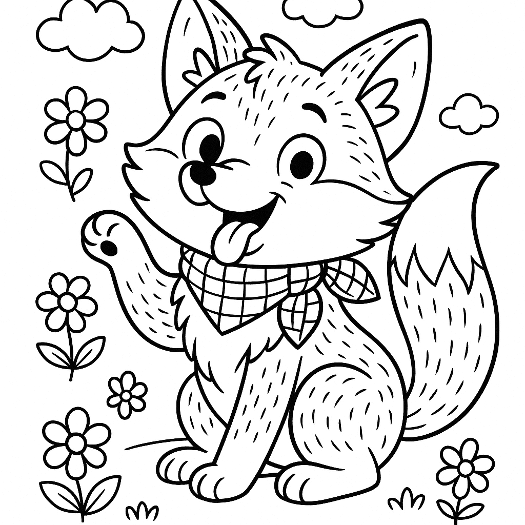 Black and white coloring page of playful and silly fox
