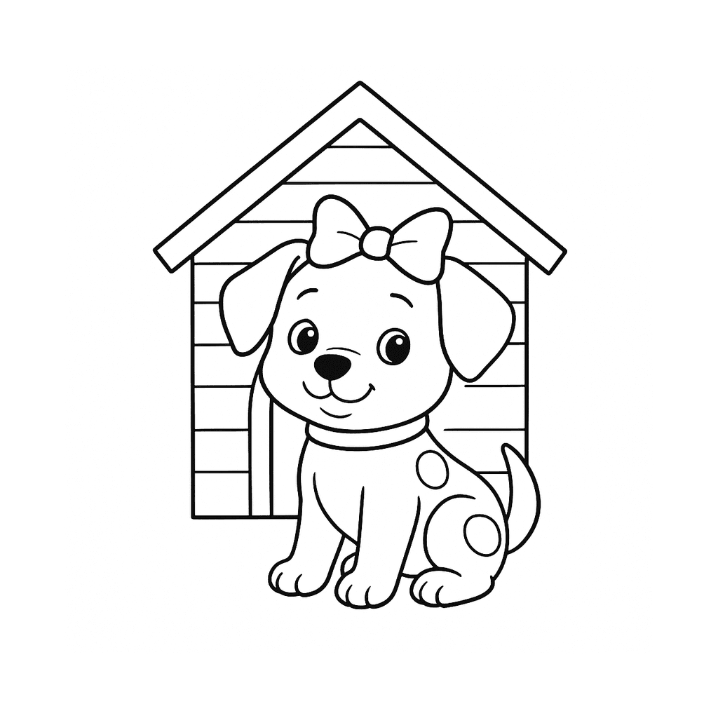 Black and white coloring page of a puppy sitting in front of a doghouse