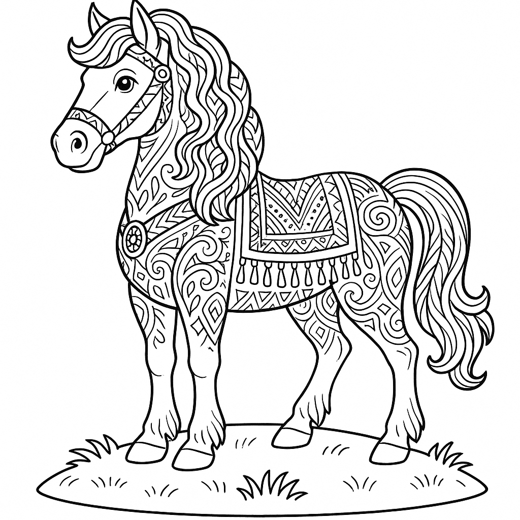 Black and white coloring page of brave and strong horse
