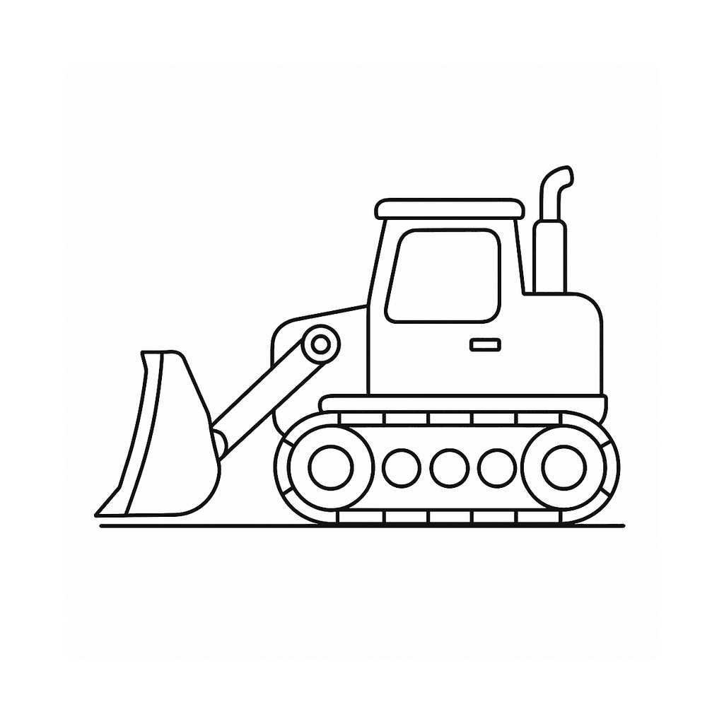 Black and white coloring page of a bulldozer with a front blade and treads