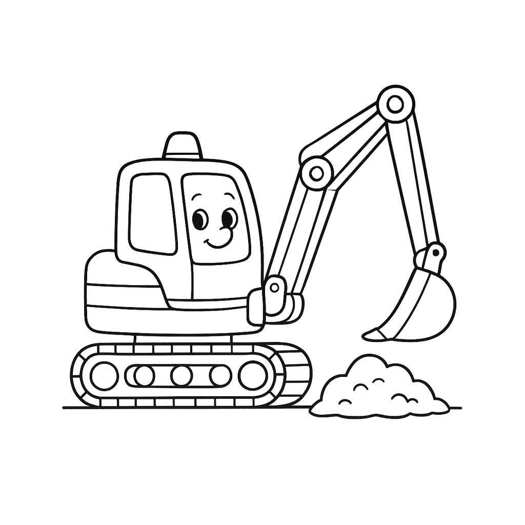 Black and white coloring page of an excavator with a boom, bucket, and cab
