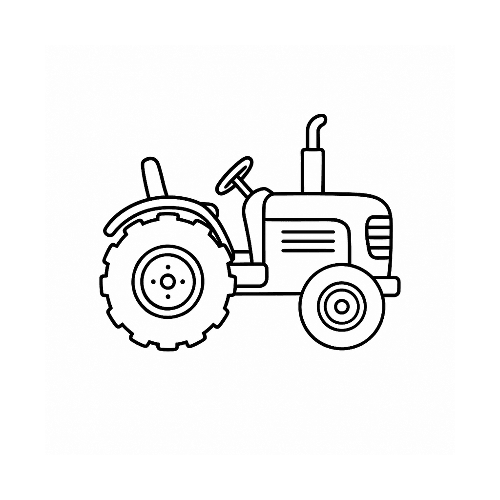 Black and white coloring page of a farm tractor with large rear wheels
