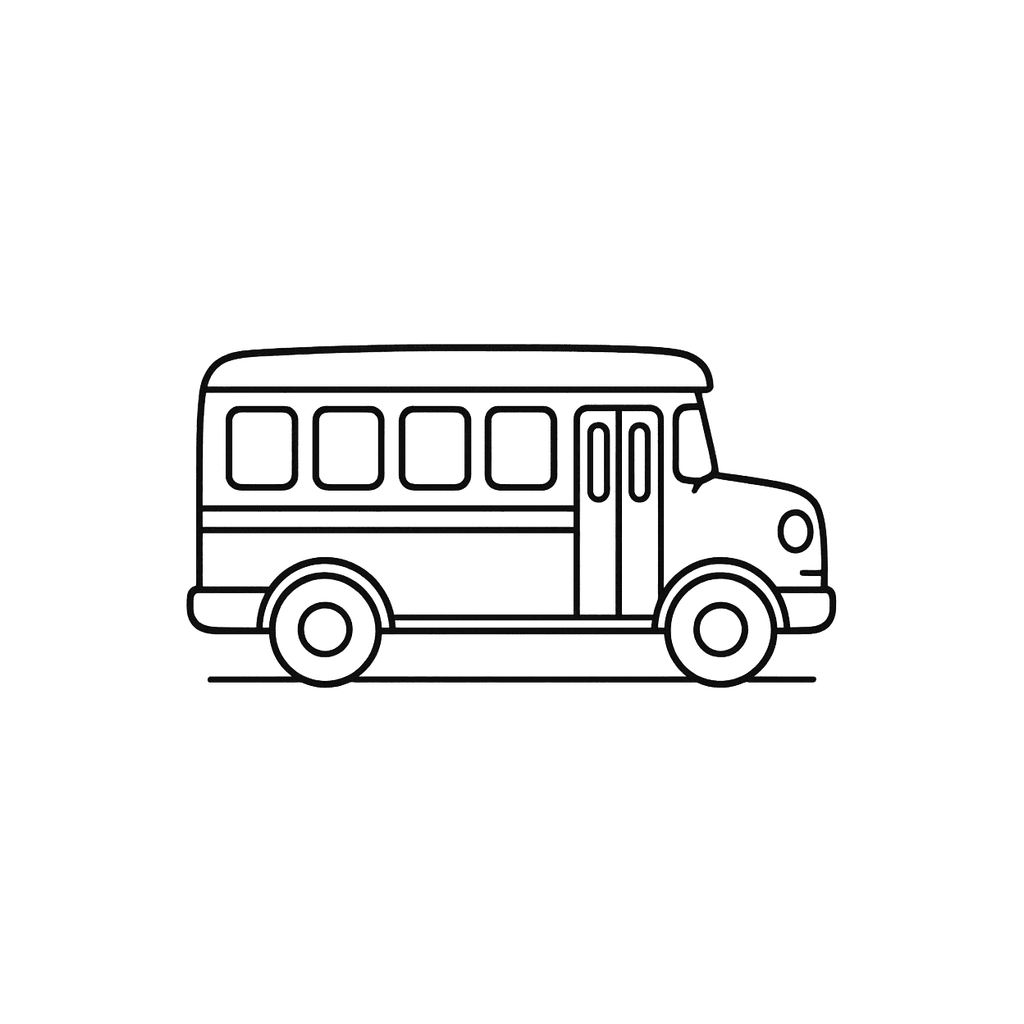 Black and white coloring page of a school bus in side view with windows and wheels