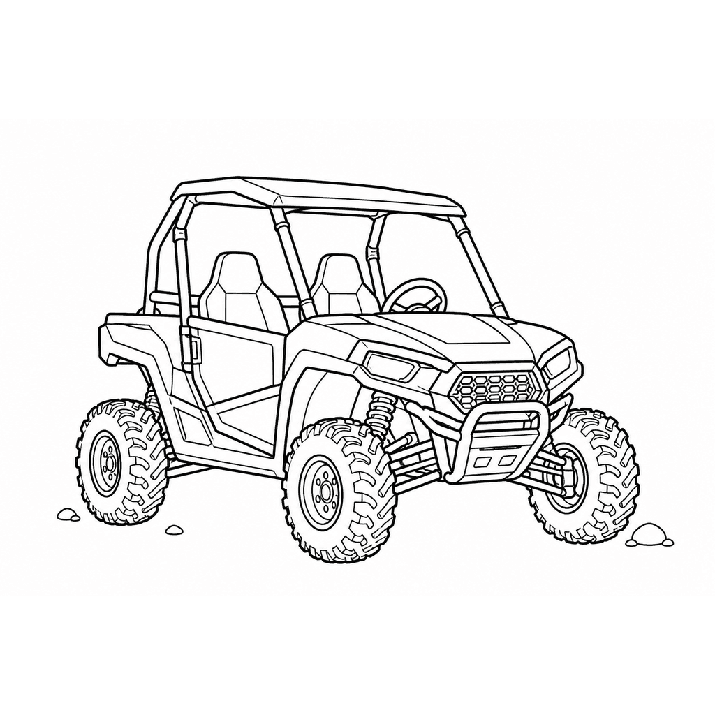 Black and white coloring page of an off-road side-by-side UTV with two seats, a roll cage, and chunky tires on a white sheet