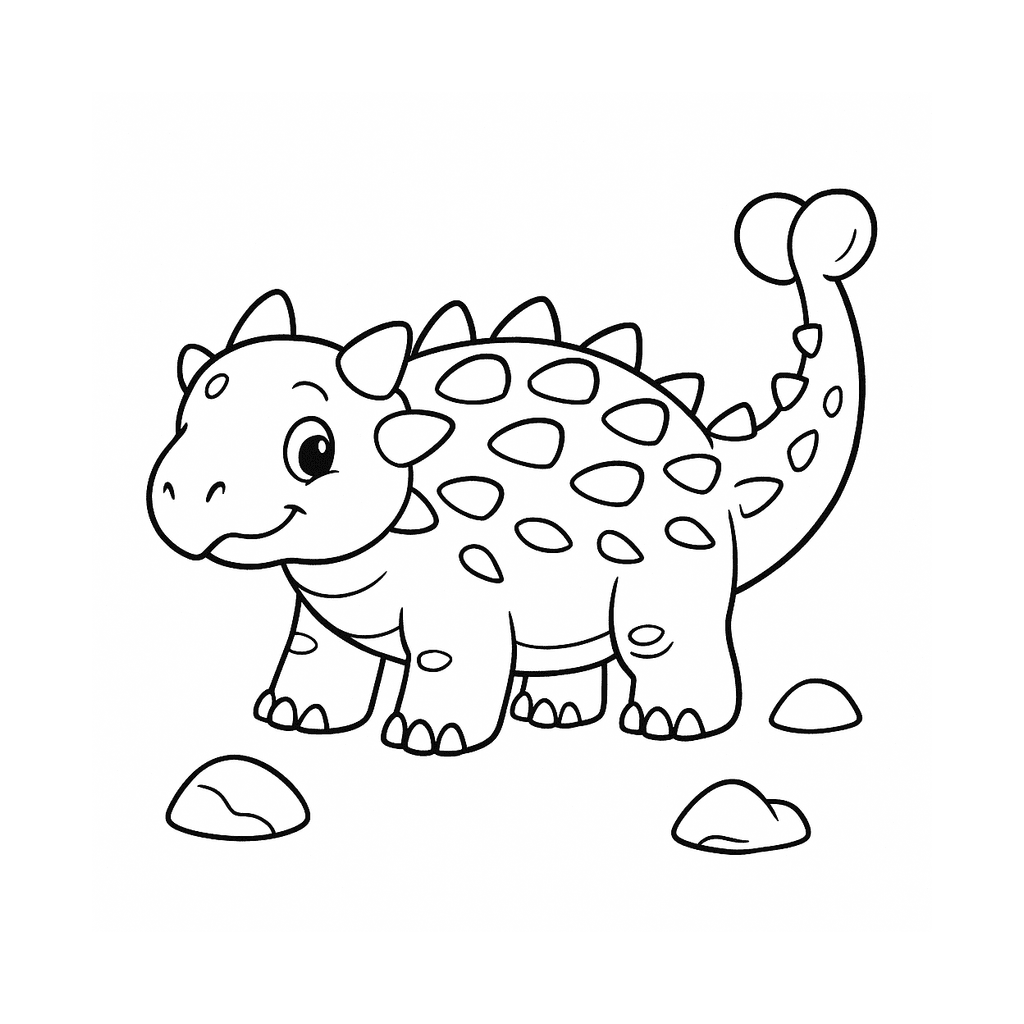 Black and white coloring page of a detailed ankylosaurus with a club tail and rocks