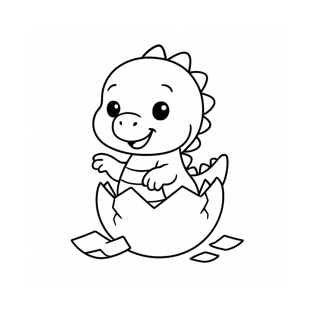 Black and white coloring page of a baby dinosaur hatching from a cracked egg