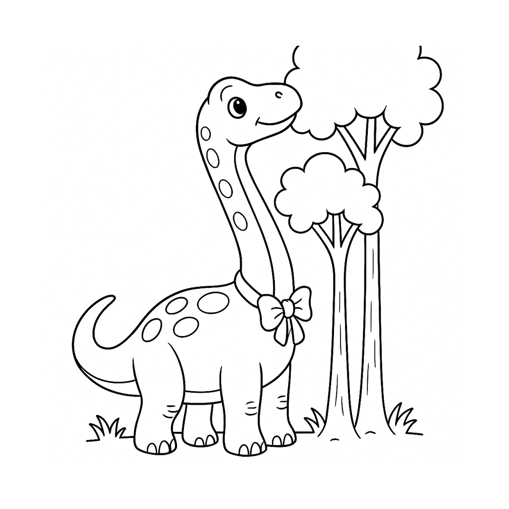 Black and white coloring page of a brachiosaurus reaching toward two tall trees