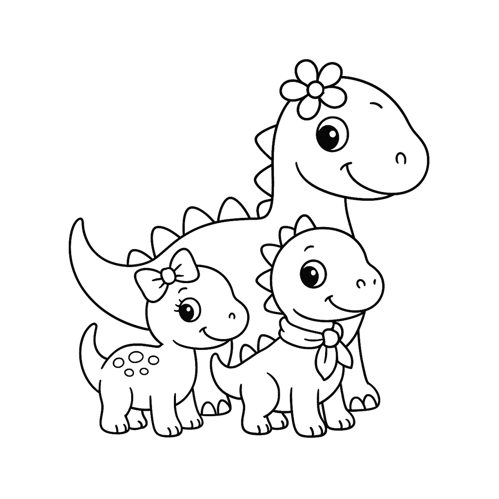 Black and white coloring page of a parent dinosaur with two small dinosaurs