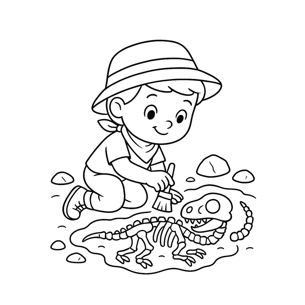 Black and white coloring page of a child brushing a dinosaur fossil in the ground