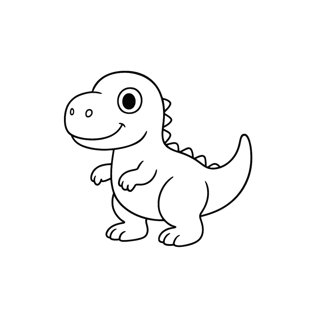 Black and white coloring page of a friendly cartoon T-rex standing on two legs