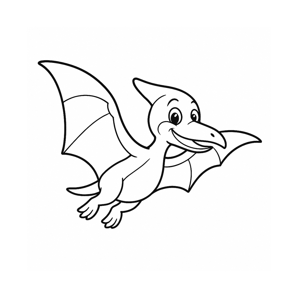 Black and white coloring page of a friendly pterodactyl flying with open wings