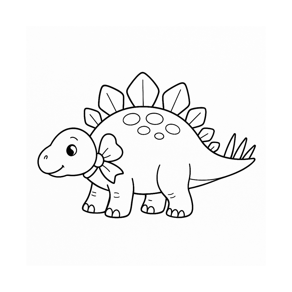 Black and white coloring page of a friendly preschool stegosaurus with back plates