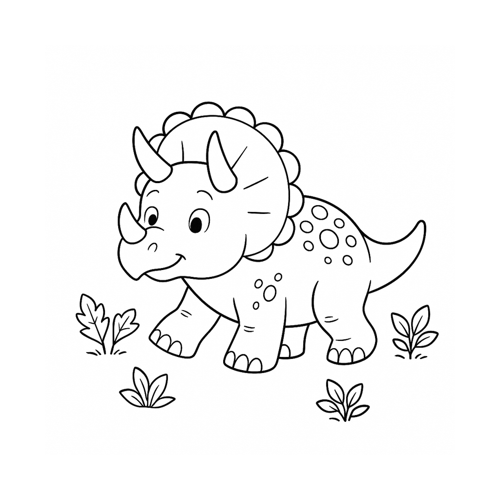 Black and white coloring page of a triceratops walking beside leafy plants