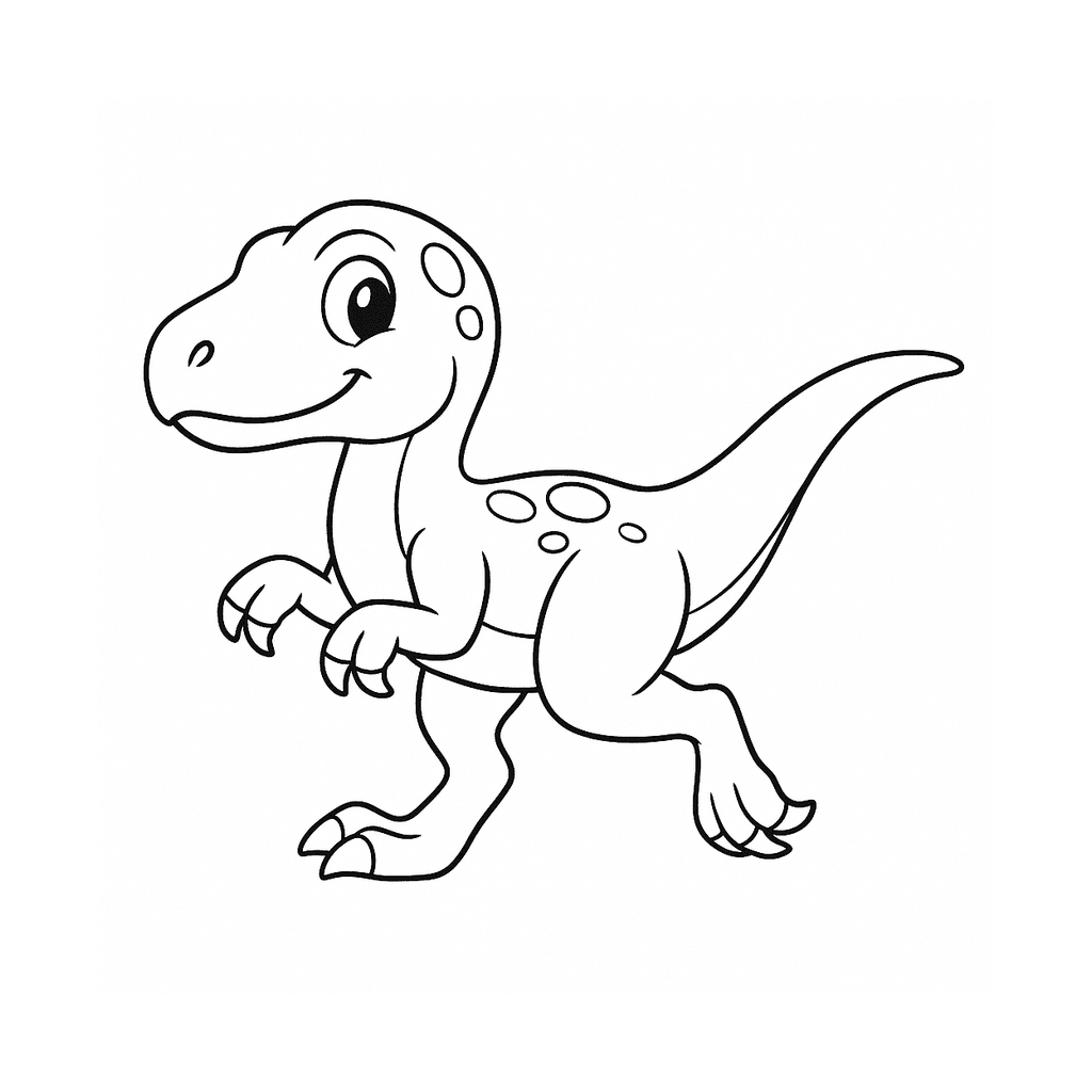 Black and white coloring page of a friendly cartoon velociraptor running