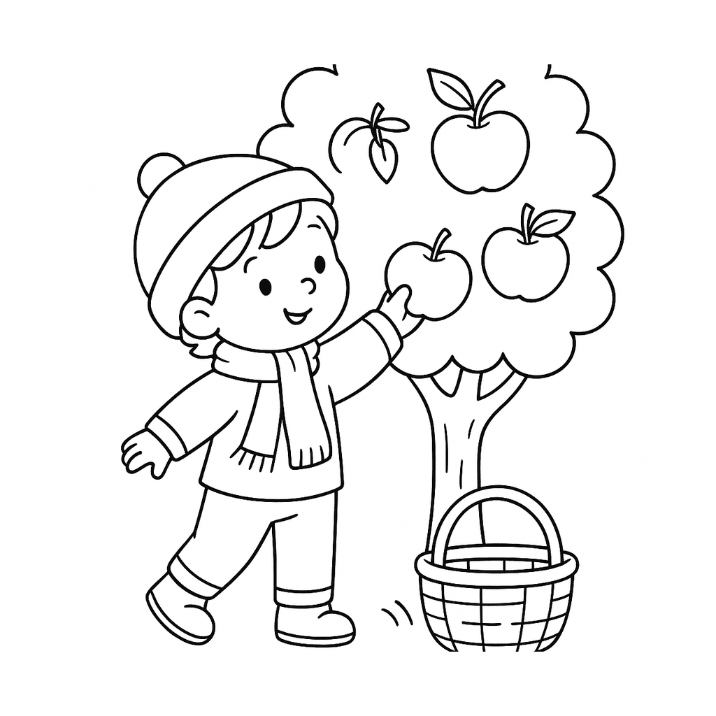 Black and white coloring page of a child picking apples beside a tree with a basket