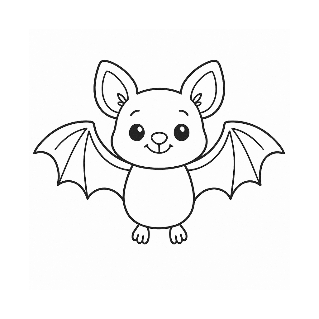 Black and white coloring page of a cute cartoon bat with open wings
