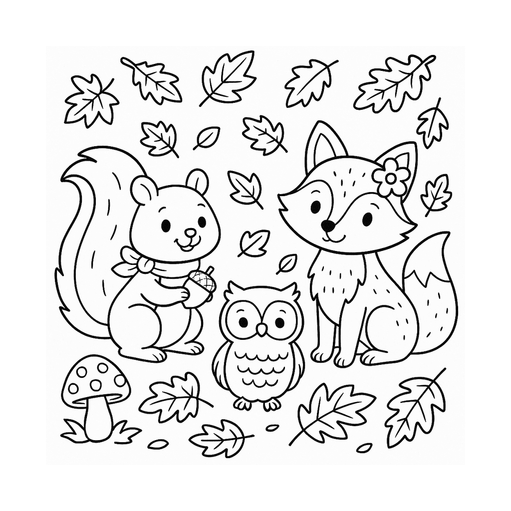 Black and white coloring page of a squirrel, owl, and fox among fall leaves