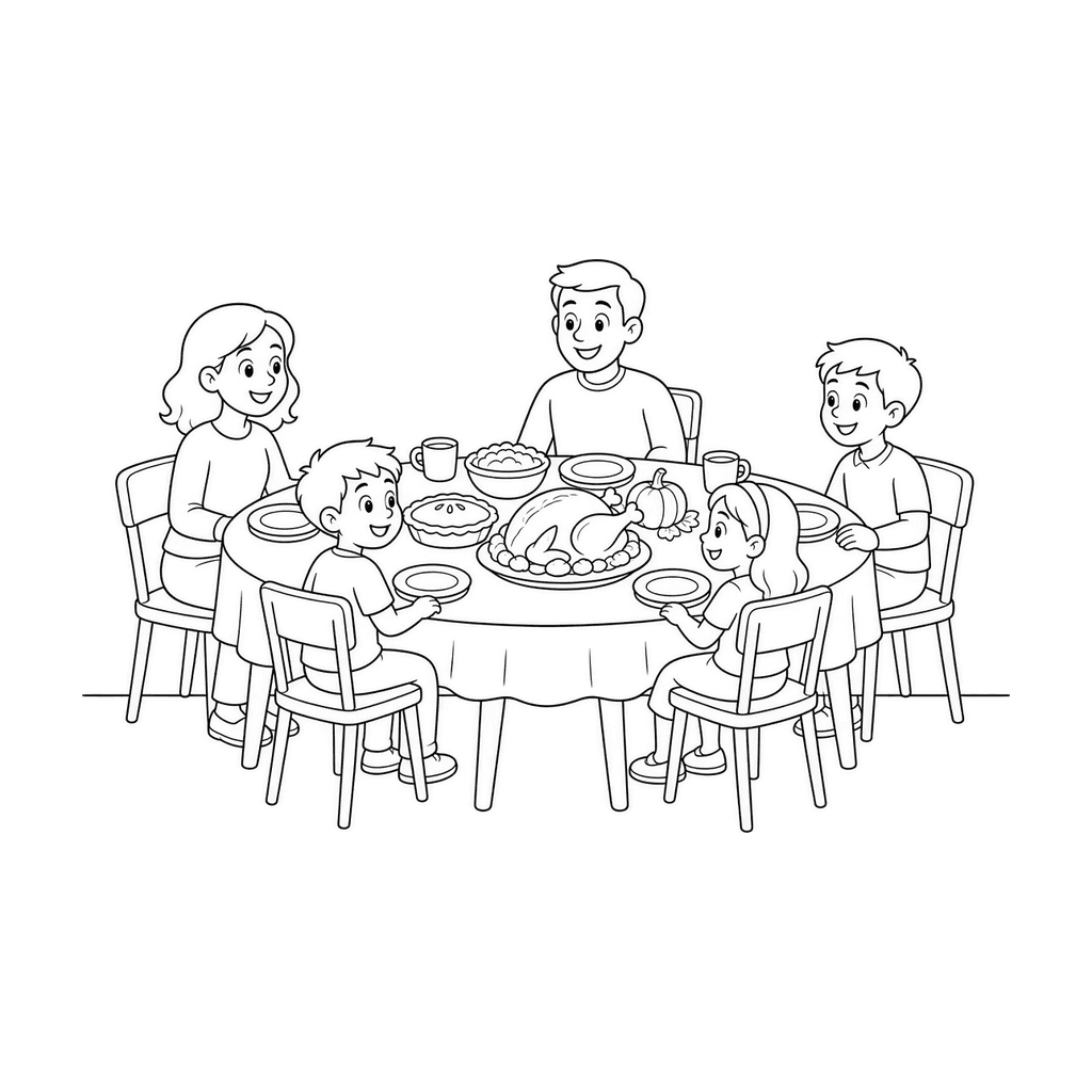 Black-and-white coloring page of a family of five sitting around a round table with a roast turkey, lattice pie, sides, cups, and a pumpkin centerpiece