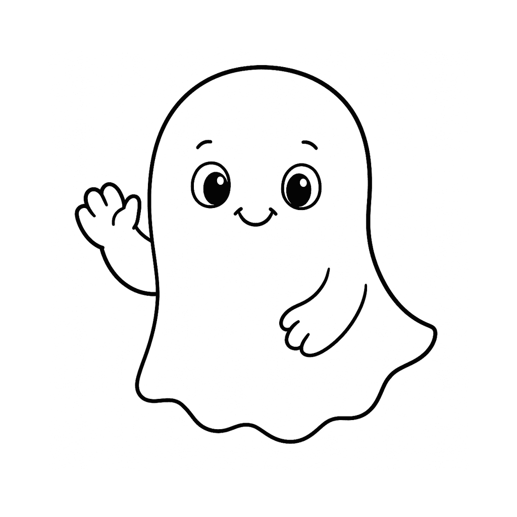 Black and white coloring page of a friendly cartoon ghost waving