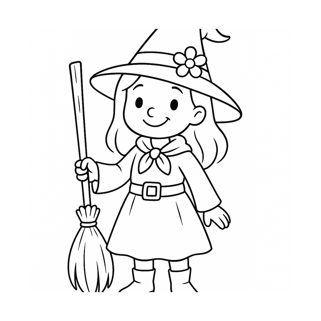 Black and white coloring page of a friendly cartoon witch holding a broom