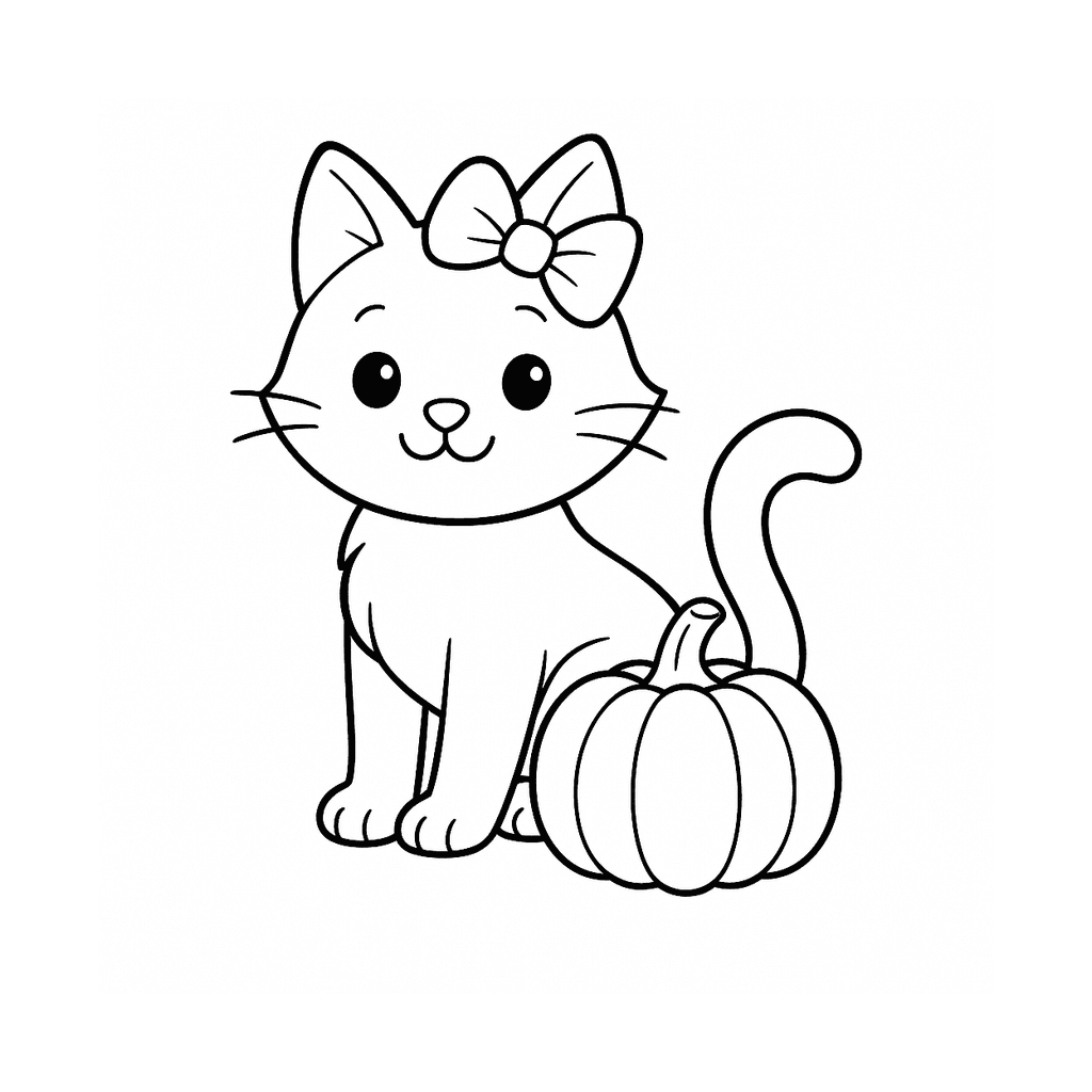 Black and white coloring page of a Halloween cat sitting beside a small pumpkin