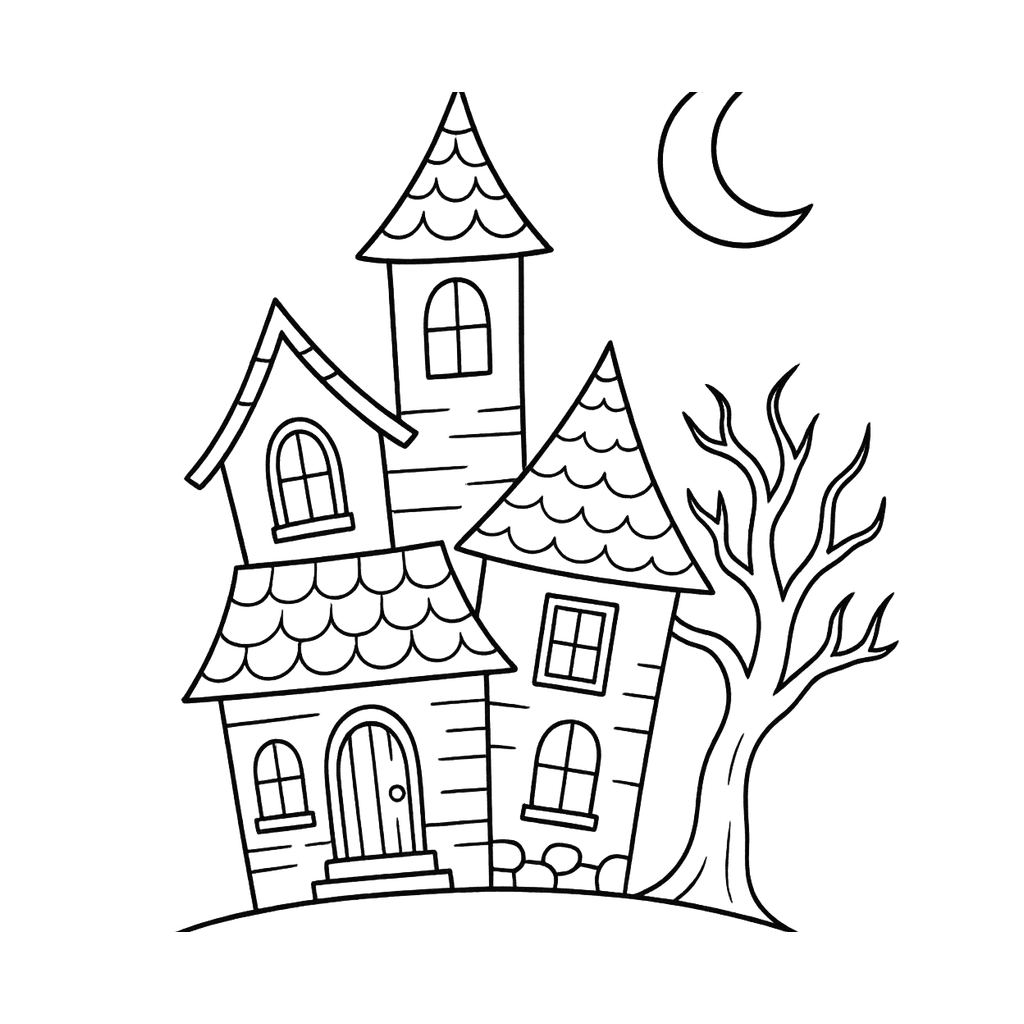 Black and white coloring page of a playful cartoon haunted house with a moon and tree