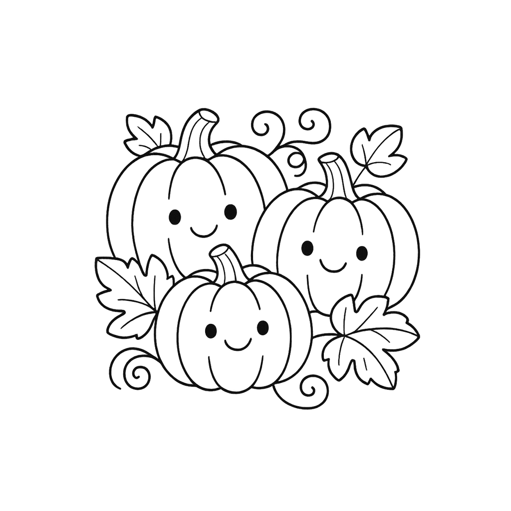 Black and white coloring page of three friendly pumpkins on vines