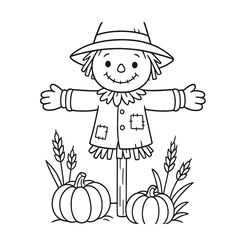 Black and white coloring page of a friendly scarecrow in a fall field with pumpkins