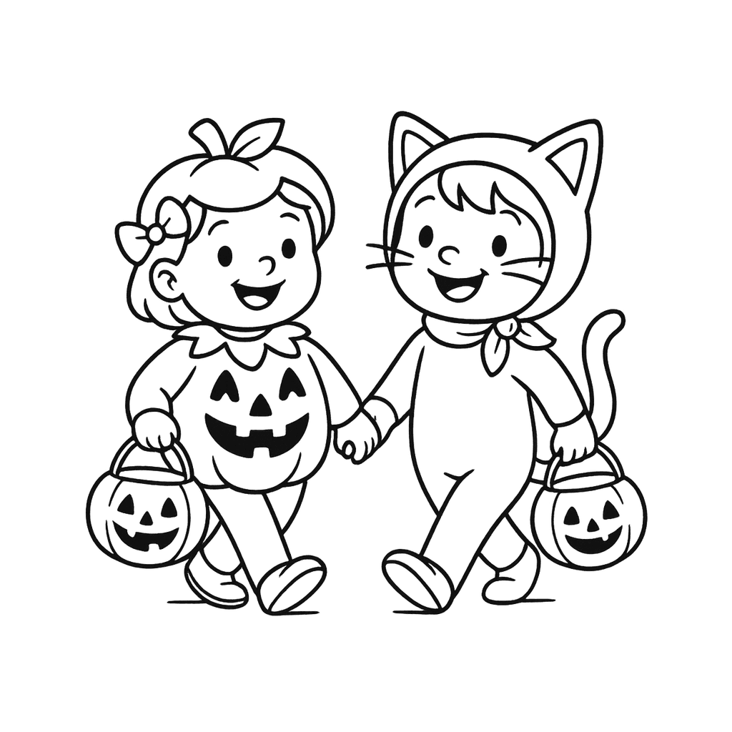 Black and white coloring page of two children in friendly Halloween costumes with treat buckets