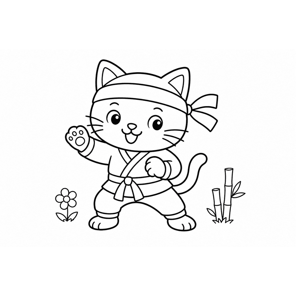 Black and white coloring page of a smiling ninja cat with a raised paw, headband, and tail among bamboo, flowers, and clouds