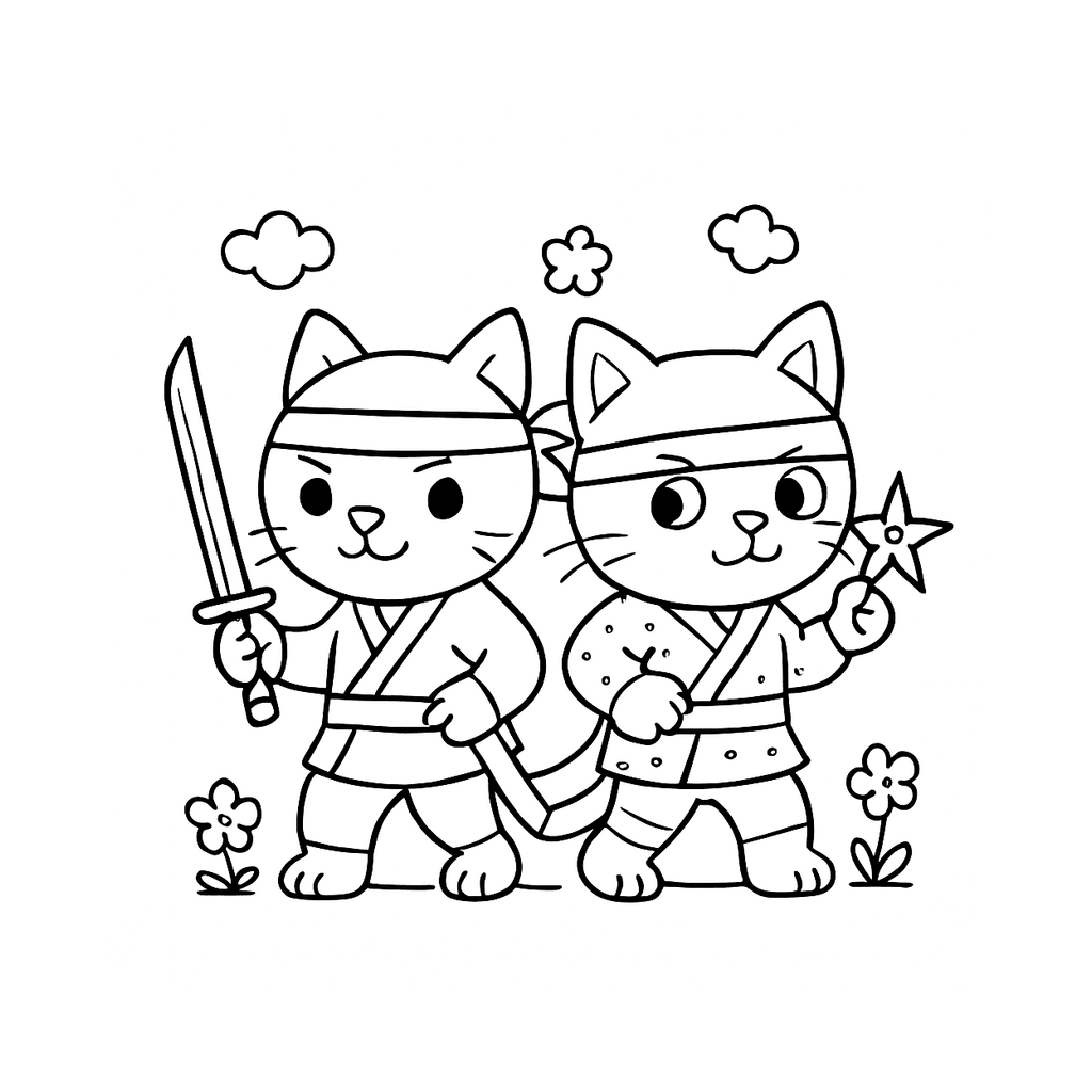 Black and white coloring page of twin ninjas back to back