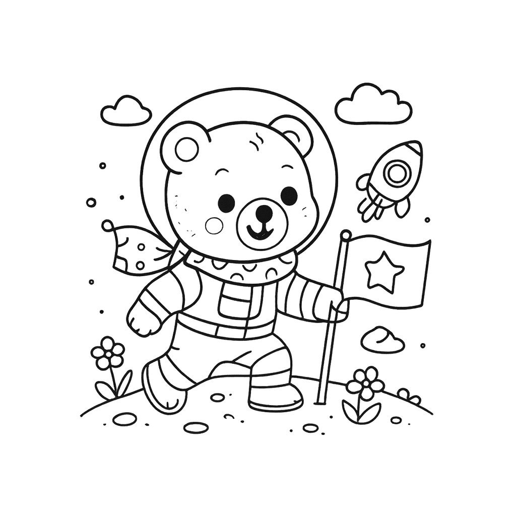 Black and white coloring page of astronaut planting a flag