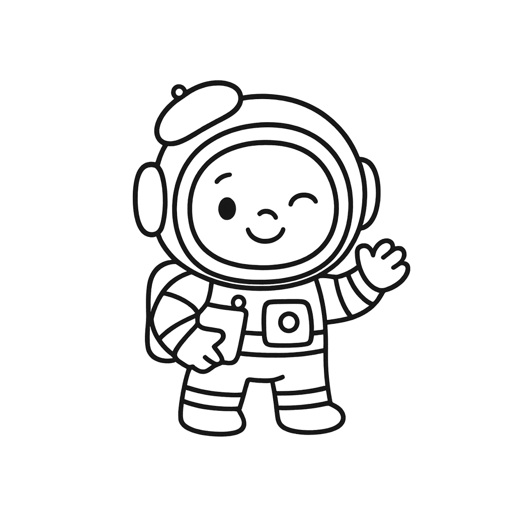Black and white coloring page of astronaut waving