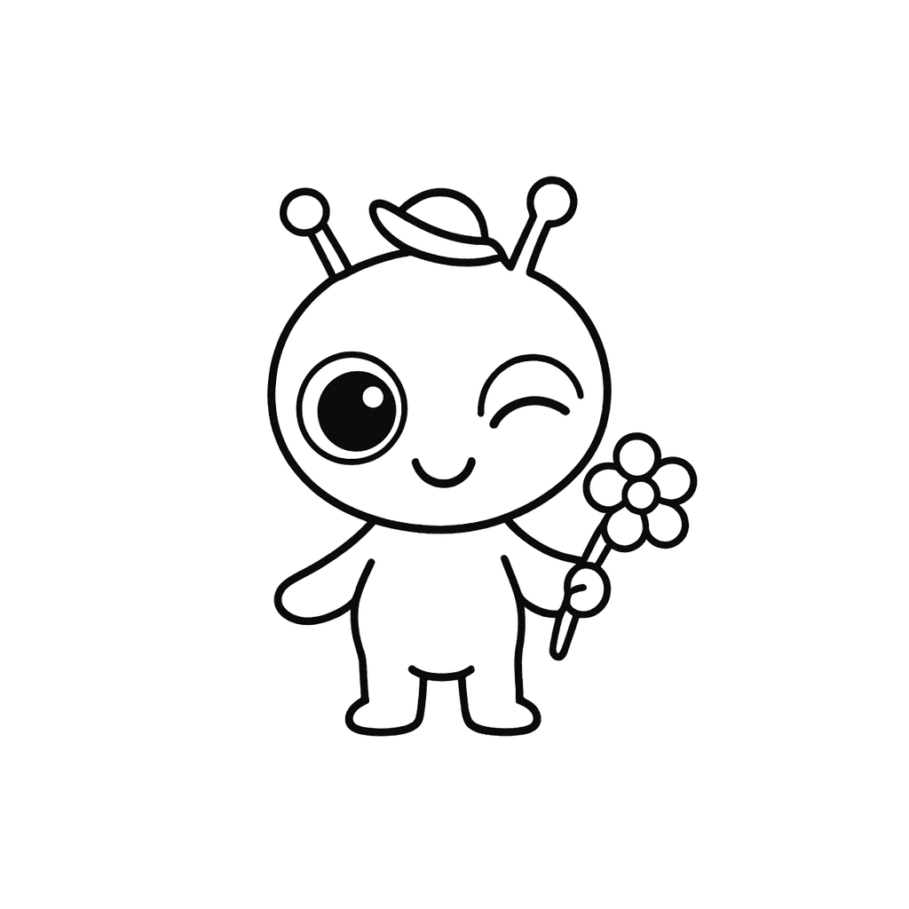 Black and white coloring page of cute alien with big eyes