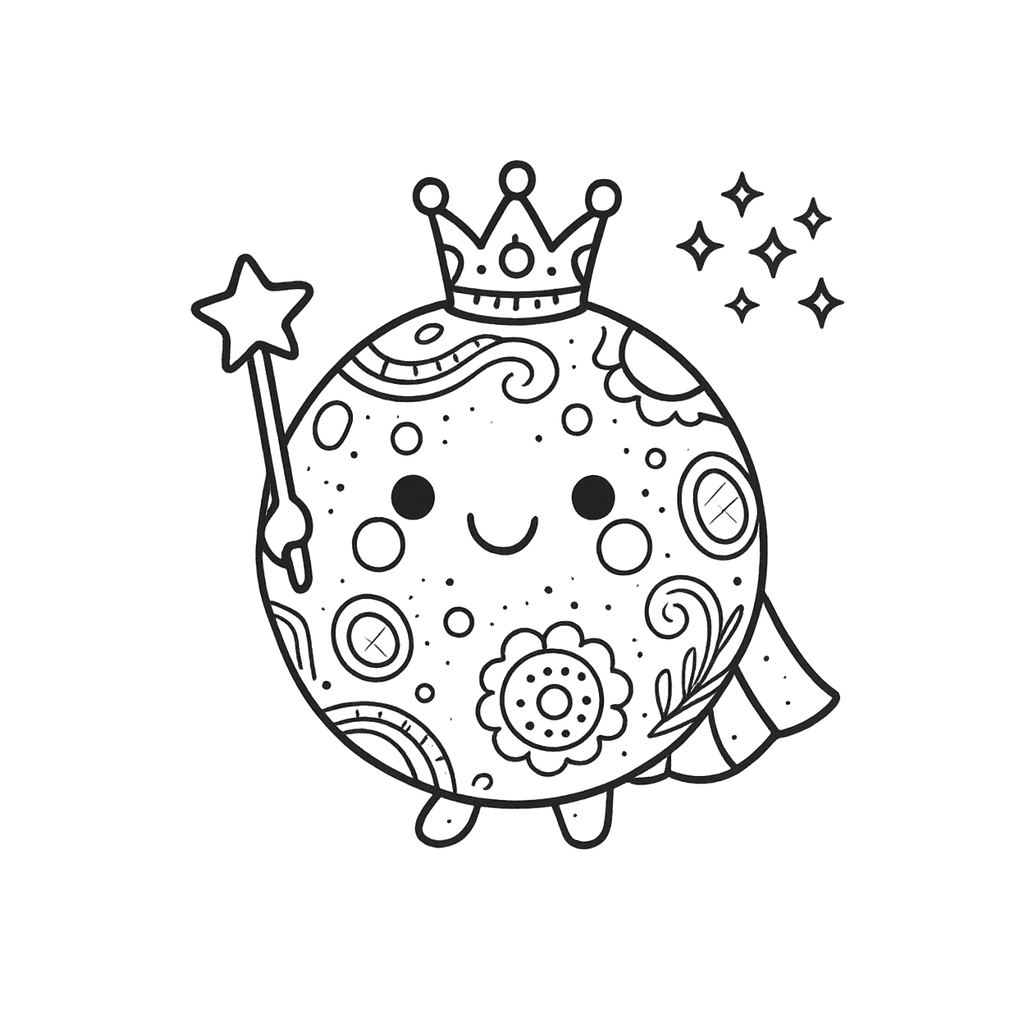 Black and white coloring page of planet with craters