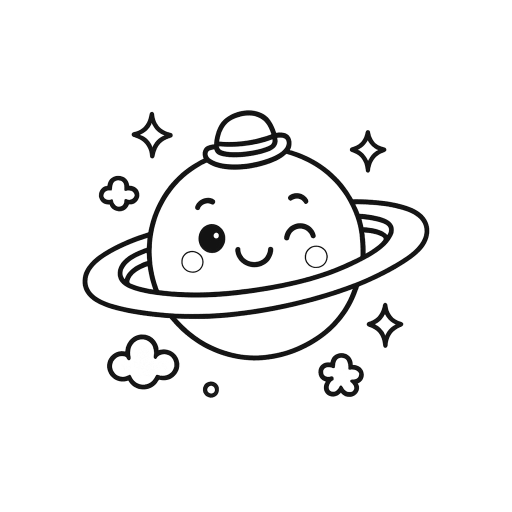 Black and white coloring page of planet with rings (like saturn)
