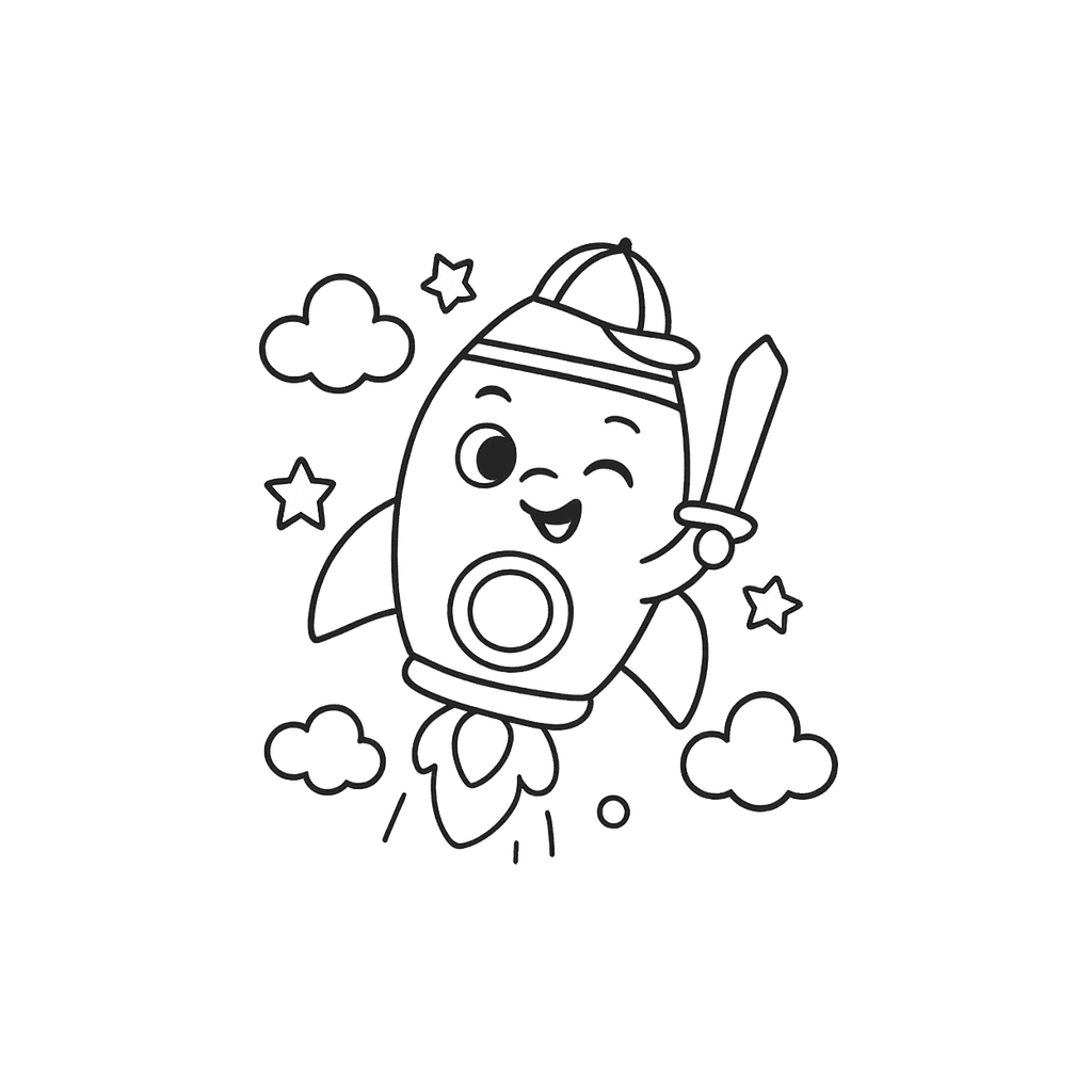 Black and white coloring page of rocket ship blasting off