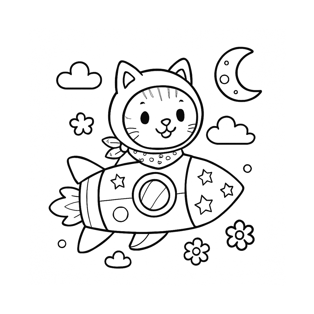 Black and white coloring page of rocket ship