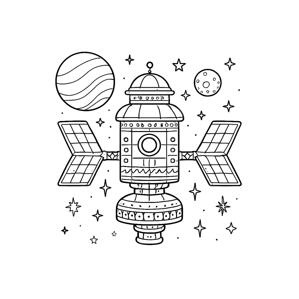 Black and white coloring page of space station with solar panels